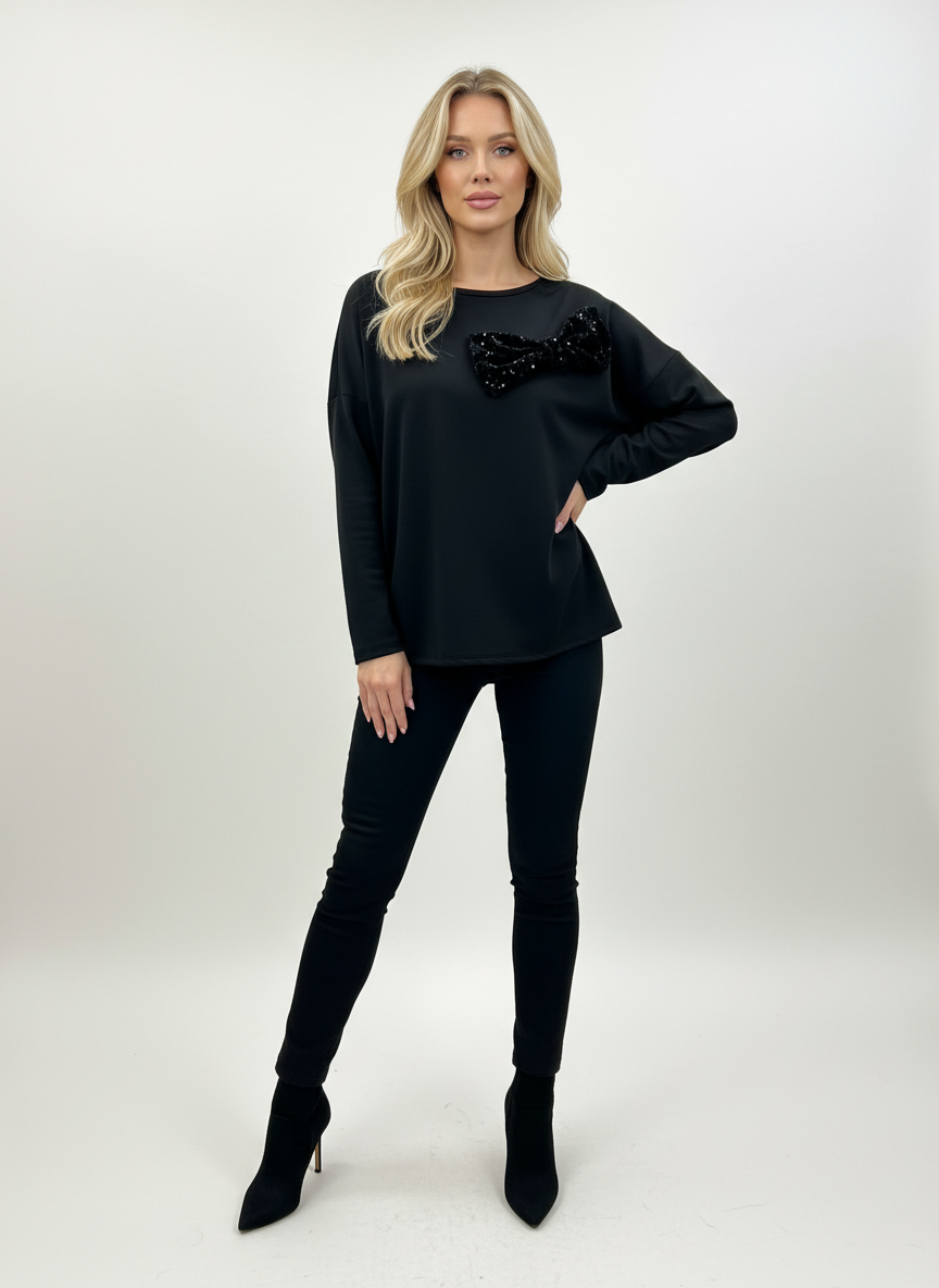 1.    Sequin Bow Sweatshirt-Black