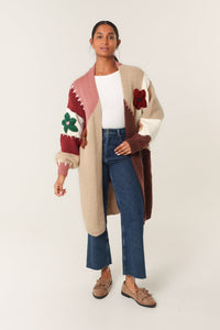 1.  Appliqué Flower Chunky Knit Longline Cardigan-Chocolate/Wine/Multi