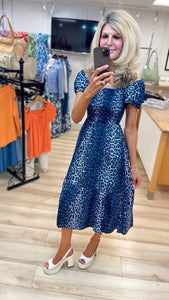 1.  Shirred Bodice Leopard Midi Dress-Blue