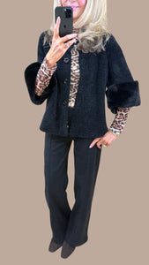 1.  Chenille Fur Trim Jacket-Black