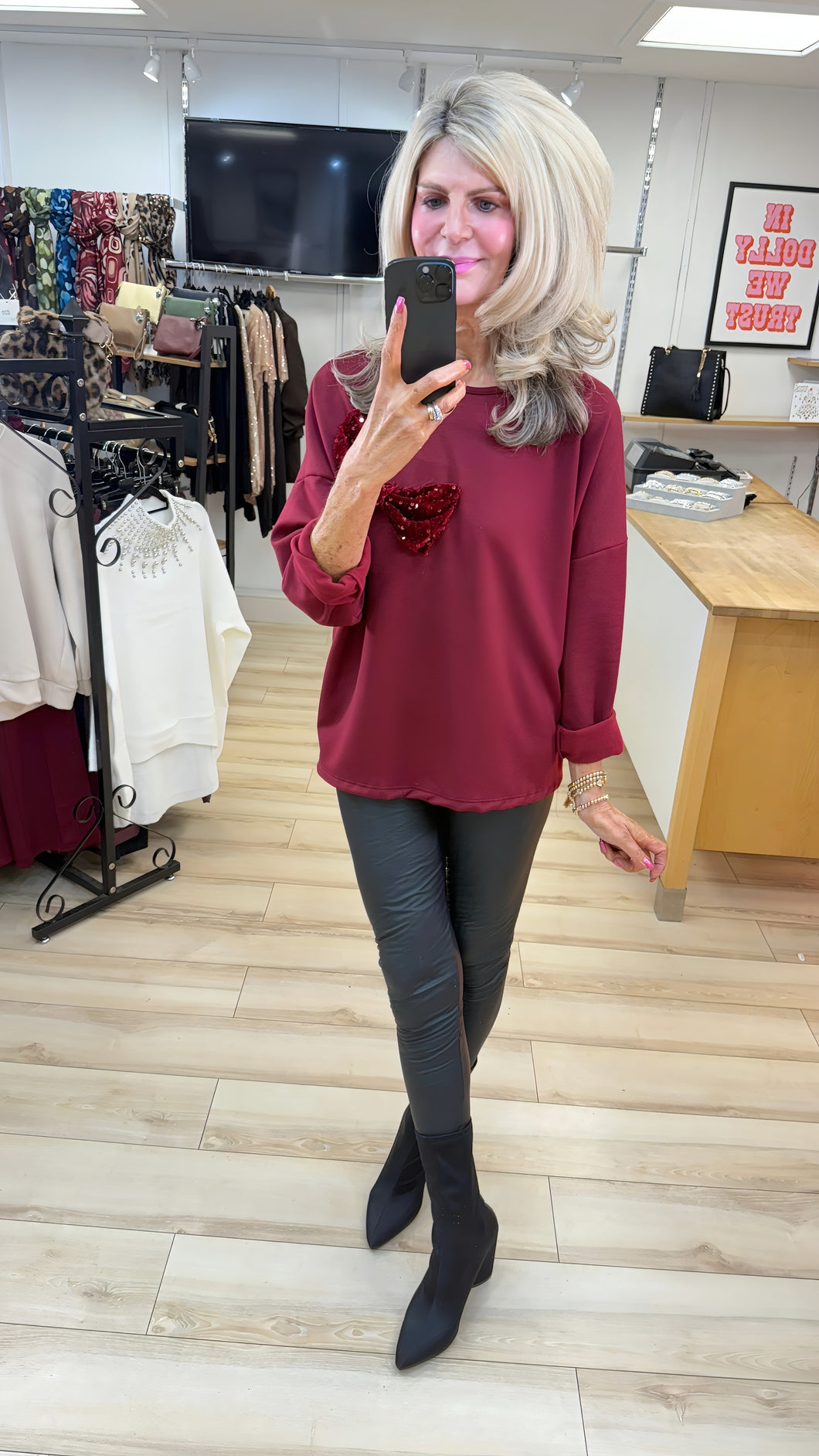 1.    Sequin Bow Sweatshirt-Wine