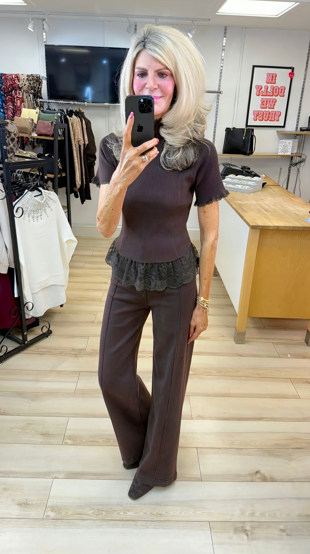 1.    Lace Trim Knitted Top-Coffee