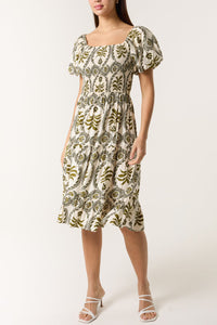 1.   Damask Print Puff Sleeve Midi Dress-Khaki/Ecru