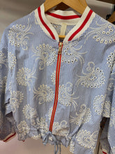 Load image into Gallery viewer, 1.                      Lightweight Pinstripe Bomber Jacket-Blue/White/Red Trim
