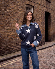 Load image into Gallery viewer, 1.     Denim Trim Wool Mix Star Knit Jumper-Navy
