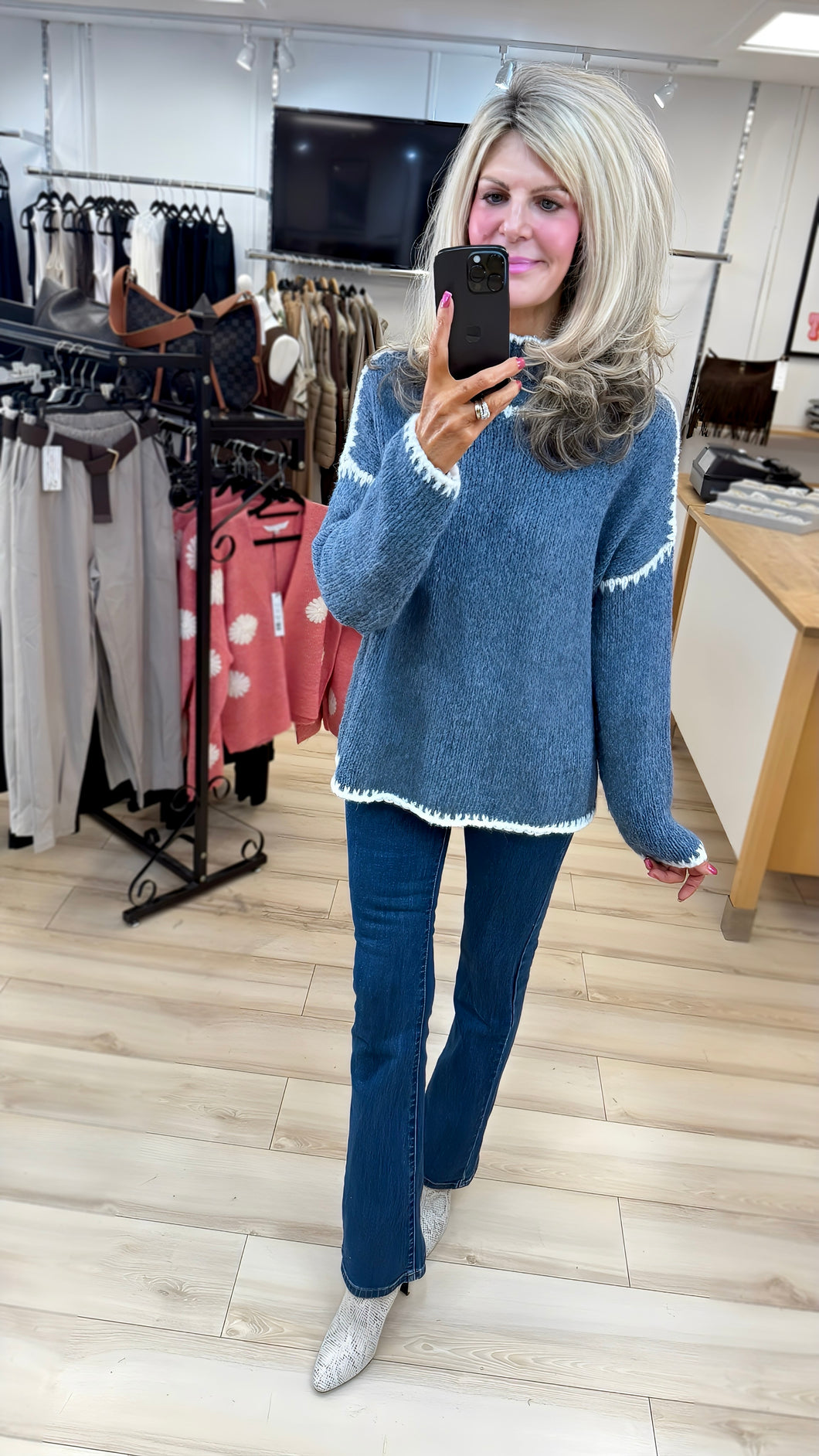 1.    Blanket Stitch Chunky Jumper-Denim Blue/White Stitch