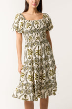 Load image into Gallery viewer, 1.   Damask Print Puff Sleeve Midi Dress-Khaki/Ecru

