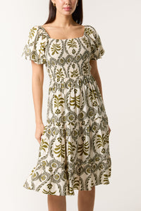 1.   Damask Print Puff Sleeve Midi Dress-Khaki/Ecru