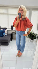Load image into Gallery viewer, 1.                 Bubble Sleeve &amp; Hem Bow Back Blouse-Rust
