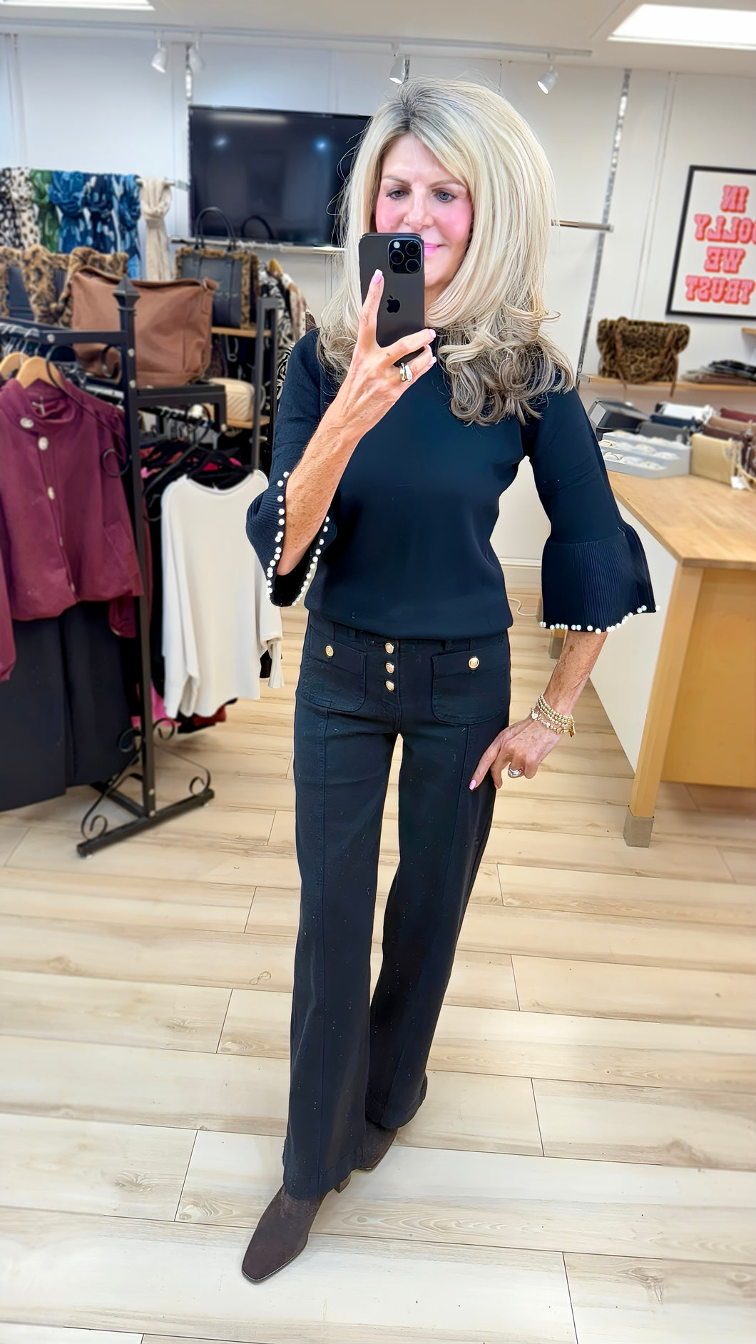 1.  Pearl Embellished Sleeve Soft Knit-Black