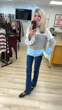 Load image into Gallery viewer, 1.              Striped Frill Cuff Fluffy Knit Cardigan-Oat/Baby Blue
