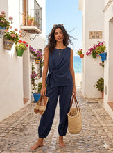 Load image into Gallery viewer, 1.                       Tie Side Top &amp; Trouser 2 Piece Co-Ord-Navy
