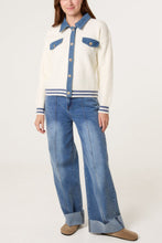 Load image into Gallery viewer, 1.                    Denim Trim Knit Jacket-Denim/Ecru
