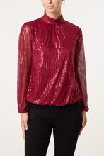 Load image into Gallery viewer, 1.            High Neck Sequin Bubble Hem Top-Burgundy
