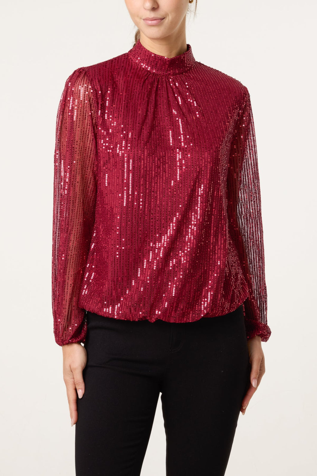 1.            High Neck Sequin Bubble Hem Top-Burgundy
