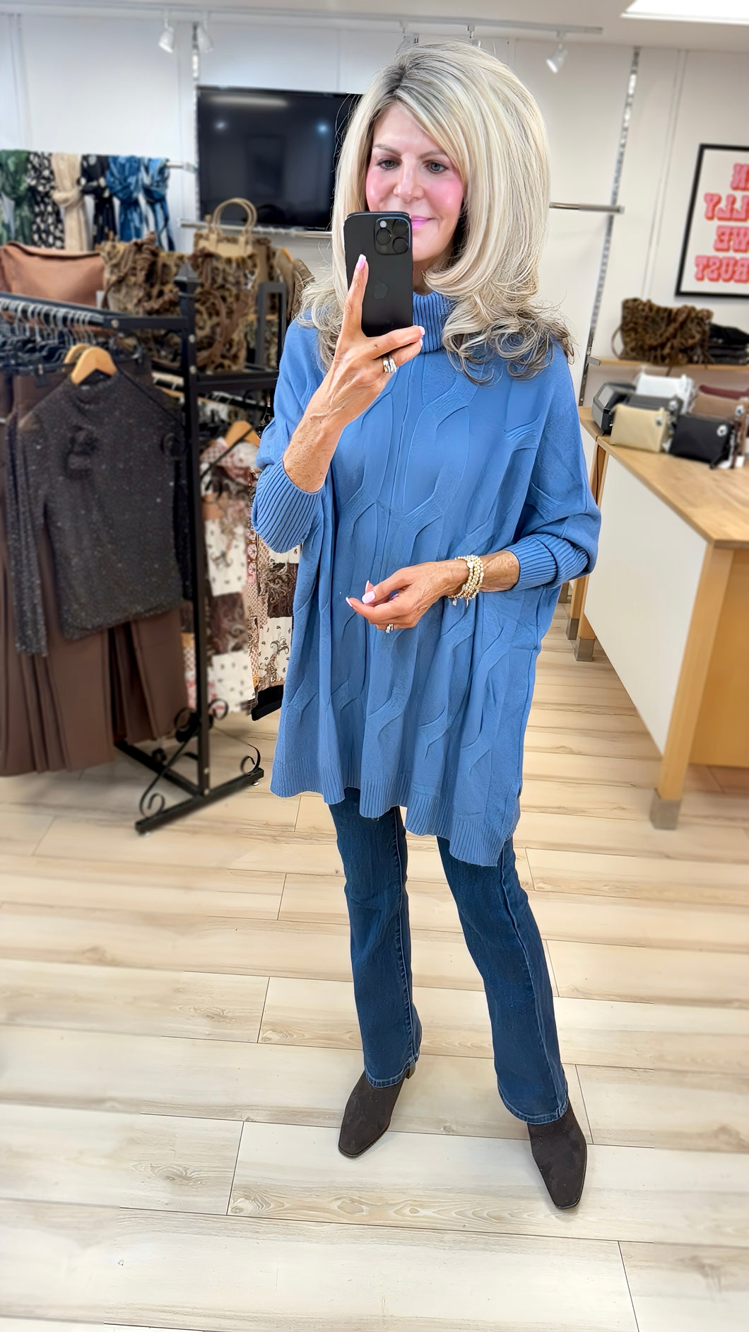 1.   Cable Knit Oversize Polo-Denim Blue
