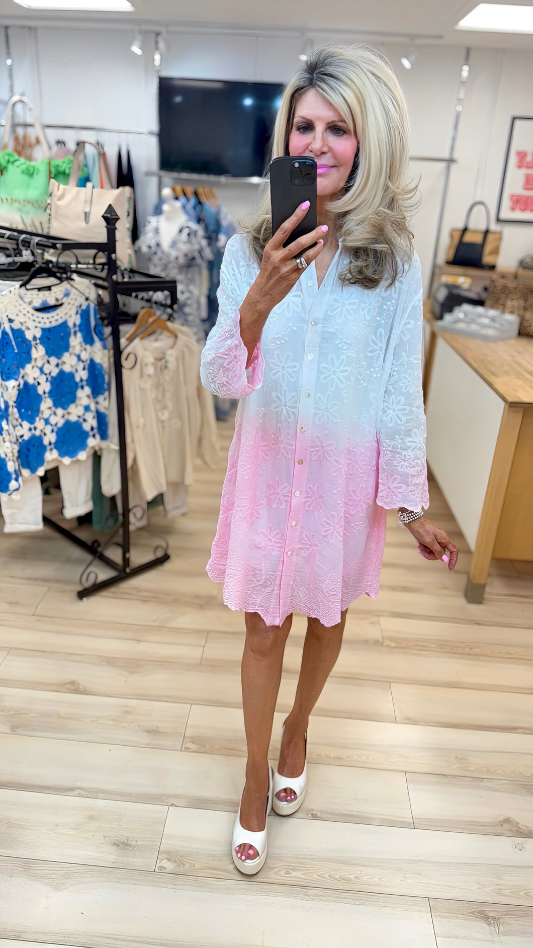 1. Ombré Embroidered Shirt Dress-White/Baby Pink