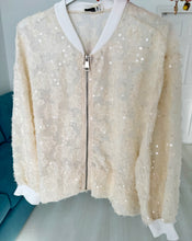 Load image into Gallery viewer, 1.                  Sequin Semi Sheer Bomber Jacket-Ecru
