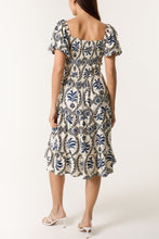 Load image into Gallery viewer, 1.   Damask Print Puff Sleeve Midi Dress-Blue/Ecru
