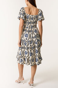 1.   Damask Print Puff Sleeve Midi Dress-Blue/Ecru