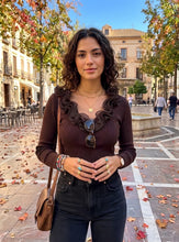 Load image into Gallery viewer, 1.          Ruffle Neck Ribbed Knit Jumper-Chocolate
