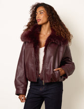 Load image into Gallery viewer, 1. Faux Leather Fur Trim Bomber Jacket-Burgundy
