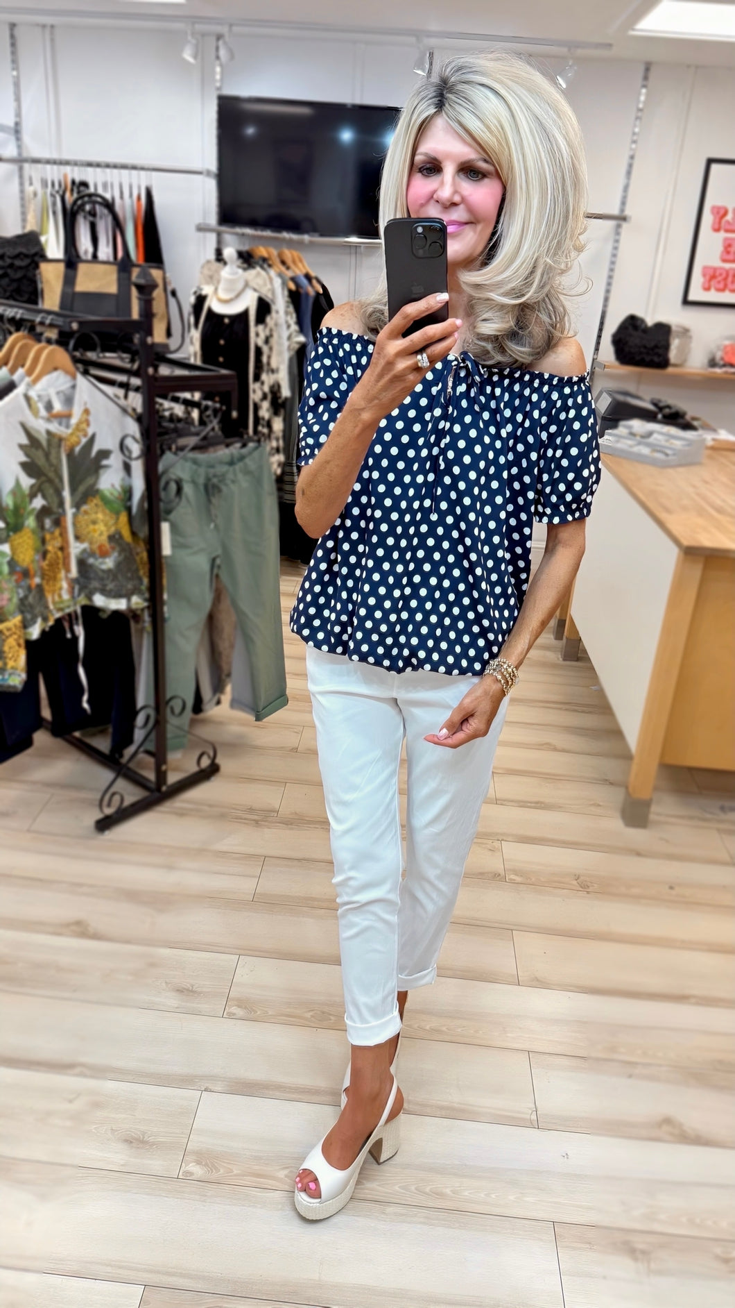 1.    Polka Dot Gypsy Top-Navy/White