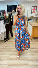 Load image into Gallery viewer, 1. Abstract Print Drawstring Waist Maxi Dress-Blue/Red/Gold Flecks
