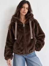 Load image into Gallery viewer, 1.                              Luxe Hooded Faux Fur Bomber Jacket-Chocolate
