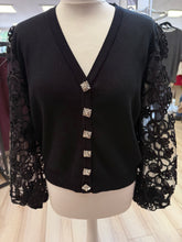 Load image into Gallery viewer, 1.                     Appliqué Mesh Sleeve Cardigan-Black
