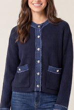 Load image into Gallery viewer, 1.     Denim Trim Wool Mix Knit Jacket-Navy
