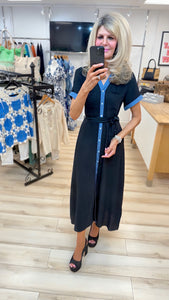 1.Contrast Trim Shirt Dress-Black/Denim Trim