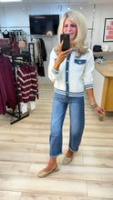 Load image into Gallery viewer, 1.                    Denim Trim Knit Jacket-Denim/Ecru
