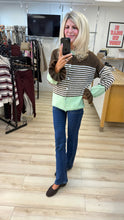 Load image into Gallery viewer, 1.              Striped Frill Cuff Fluffy Knit Cardigan-Chocolate/Mint
