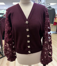 Load image into Gallery viewer, 1.                    Appliqué Mesh Sleeve Cardigan-Wine
