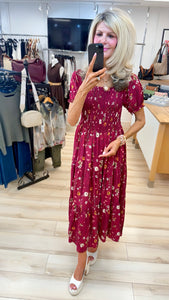 1.              Shirred Bodice Floral Midaxi Dress-Wine