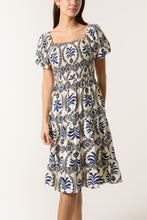 Load image into Gallery viewer, 1.   Damask Print Puff Sleeve Midi Dress-Blue/Ecru
