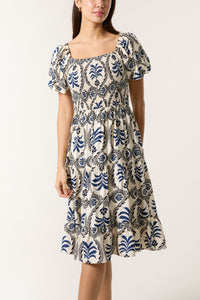 1.   Damask Print Puff Sleeve Midi Dress-Blue/Ecru