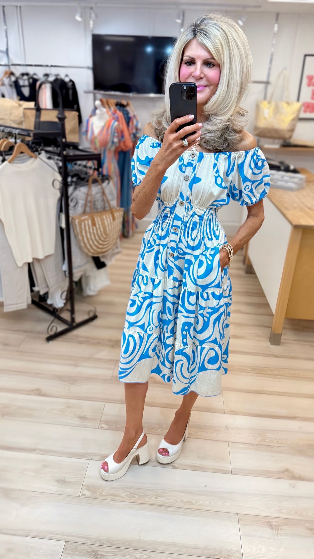 1.Pippa Bardot Pocket Midi Dress-Blue/Ecru