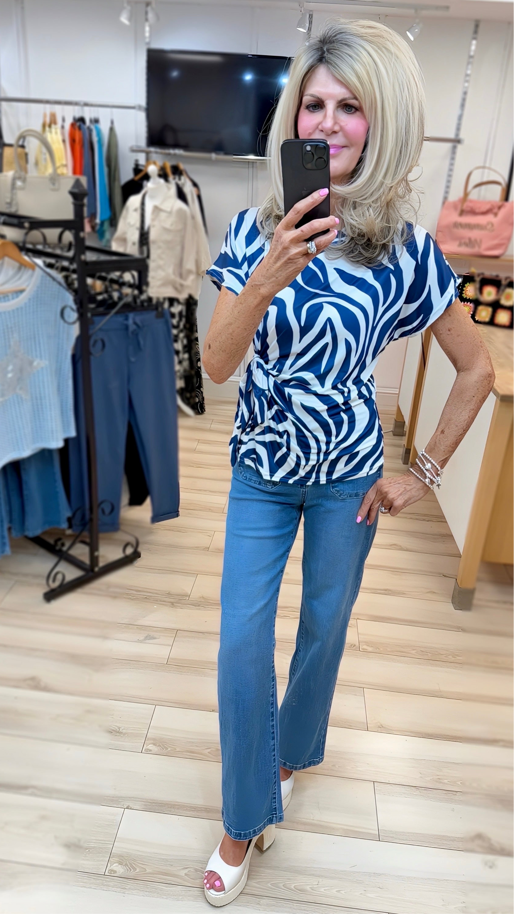 1.Silky Tie Side Top-Blue/White