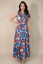 Load image into Gallery viewer, 1. Abstract Print Drawstring Waist Maxi Dress-Blue/Red/Gold Flecks
