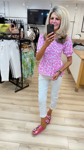 1.Shirred Bodice Peplum Top-White/Lilac/Neon Pink