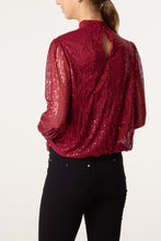 Load image into Gallery viewer, 1.            High Neck Sequin Bubble Hem Top-Burgundy
