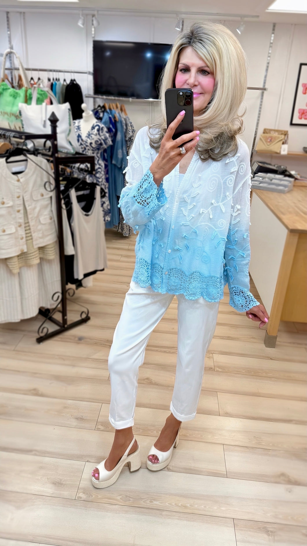 1. Ombré Embroidered Shirt-White/Baby Blue