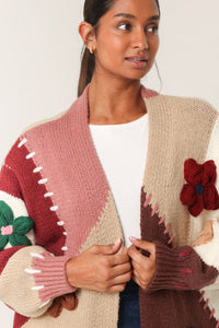 1.  Appliqué Flower Chunky Knit Longline Cardigan-Chocolate/Wine/Multi