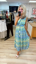 Load image into Gallery viewer, 1. Aztec Print Drawstring Waist Maxi Dress-Blue/Green/Gold Flecks
