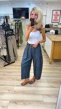 Load image into Gallery viewer, 1.                   Barrel Leg Belted Pinstripe Denim Trousers
