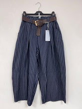 Load image into Gallery viewer, 1.                   Barrel Leg Belted Pinstripe Denim Trousers
